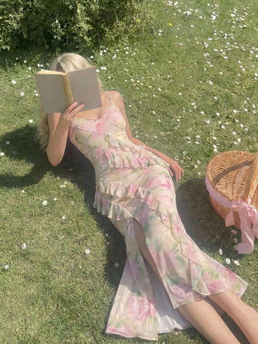 Vestido largo con abertura alta, cuello en V y volantes, con estampado de teñido anudado, vestidos de verano para mujer, vestidos en tonos pastel, vestido de fiesta, atuendo de fiesta, vestido de playa, atuendos de playa para mujer, vestidos ele - Multicolor 3 - Ver 1