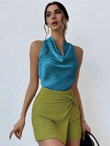 1 pieza Blusa de mujer con cuello de lazo en color albaricoque, minimalista y elegante, top sin mangas - Agua verde azul - Ver 7