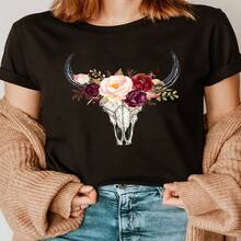 Casual Women's Black Cotton Short Sleeve Round Neck T-Shirt with Floral Skull Print Regular Length Slight Stretch - Negro - Ver 1