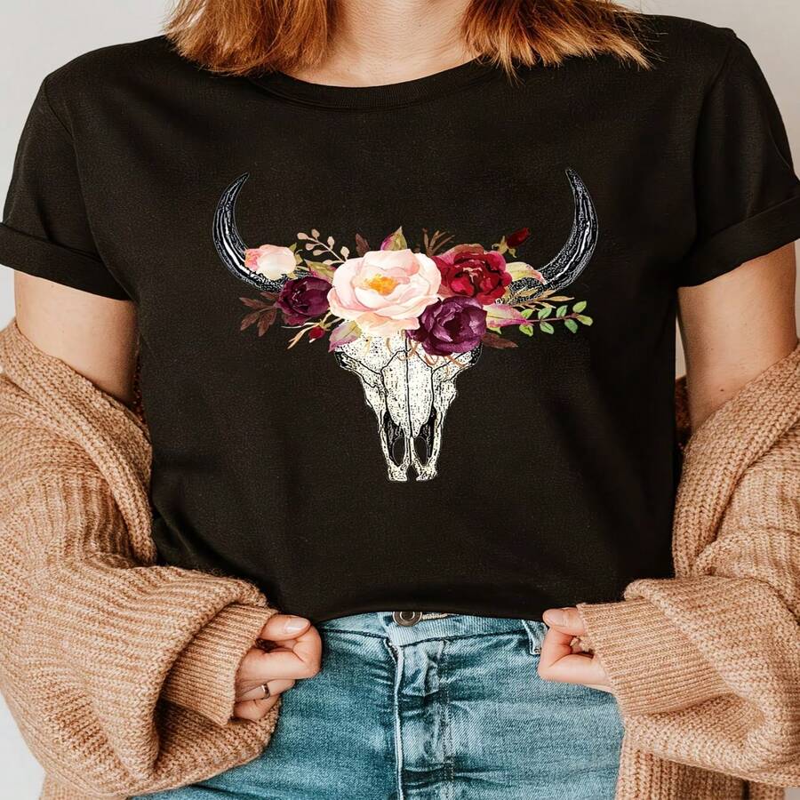 Casual Women's Black Cotton Short Sleeve Round Neck T-Shirt with Floral Skull Print Regular Length Slight Stretch - Negro - Ver 1