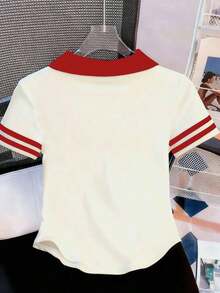 Camiseta de mujer casual de manga corta con cuello polo, estampado de caballero a rayas y contraste de color - Multicolor - Ver 2