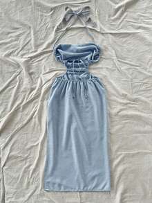 Vestido largo con espalda calada y lazo, cuello drapeado, lazo en la cintura, abertura alta, adecuado para vacaciones, festivales de música, estilo bohemio, vacaciones, citas, té de la tarde - Celeste - Ver 2