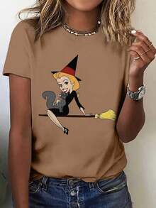Camiseta de Estilo Elegante Y2K para Mujer con Estampado de Bruja, Manga Corta, Cuello Redondo, Top Casual para Todas las Temporadas |     Ropa Casual de Moda |     Estampado de Letras de Moda - Negro - Ver 7