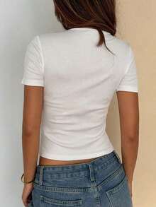 Camiseta de manga corta de unicolor casual para mujer, verano - Blanco 3 - Ver 3
