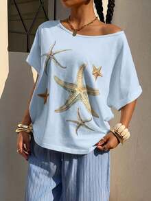 Camiseta de manga corta holgada con estampado todo sobre hombros descubiertos de estilo minimalista casual para mujer, estampado a rayas retro americano, camiseta de hombros abiertos, ropa urbana para mujer - Celeste - Ver 5