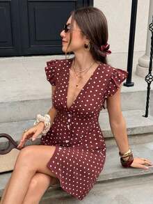 Vestido casual de vacaciones para mujer con mangas de volantes y botones delanteros de unicolor, vestidos de verano para mujer, vestido de té de vacaciones - Marrón - Ver 5
