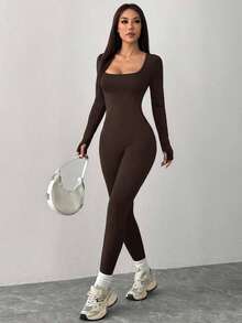 PETITE Mono Negro de Punto con Cuello Cuadrado, Ajustado, Casual, Deportivo, para Yoga, Ropa de Otoño para Mujer - Óxido marrón - Ver 4