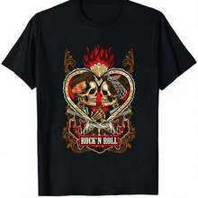 Casual Women's Black Round Neck Short Sleeve T-Shirt with Rock and Roll Skull Print Cotton Blend Fabric - Negro - Ver 1
