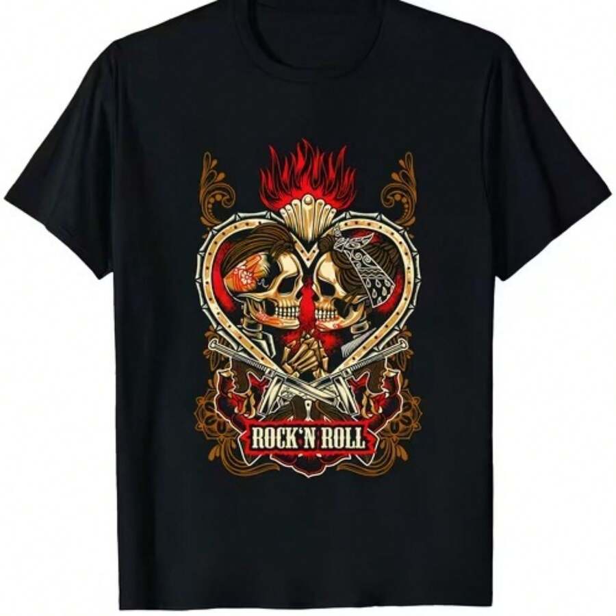 Casual Women's Black Round Neck Short Sleeve T-Shirt with Rock and Roll Skull Print Cotton Blend Fabric - Negro - Ver 1