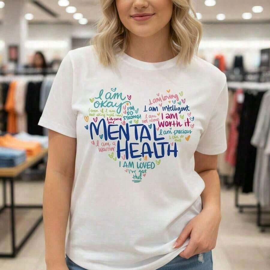 Camiseta Gráfica de Concientización sobre Salud Mental para Mujeres - Camiseta de Algodón Casual de Manga Corta con Estampado de Afirmaciones Positivas, Tallas S-3XL - Blanco - Ver 1