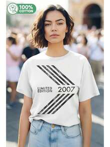 Camiseta Vintage de Gran Tamaño para Mujer, Edición Limitada del 18º Aniversario de 2007 - Con Estampado Gráfico, Corte Holgado Casual, Cuello Redondo, Diseño del Año 2007 para Ropa Casual y Celebración de Aniversario, Para Todas las Temporadas (Estilo Unisex para Hombres y Mujeres) - Negro - Ver 10