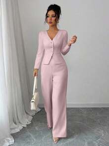 Elenzya Conjunto de blazer y pantalones de manga larga elegante para mujer, estilo de negocios/oficina, adecuado para verano, Día de la Independencia, graduación, vuelta al colegio - Rosa - Ver 6