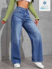 Unity Jeans de mezclilla de pierna ancha recta de diseño simple con cintura alta para mujeres a la moda - Azul lavado oscuro 4 - Ver 6