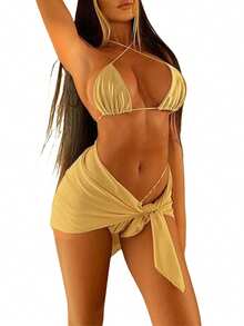 3 Pieces Swimwear Set, Solid Color Spaghetti Strap Bikini Tops+ Panties+ Package Hip Skirt for Women, S/M/L - Caqui - Ver 2