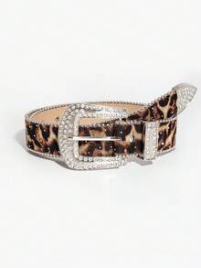 1 chiếc thắt lưng nữ kiểu Bohemian, họa tiết da báo, đính đá Y2K, khóa kim loại. - Họa tiết da báo - Kim cương trắng - Xem 2