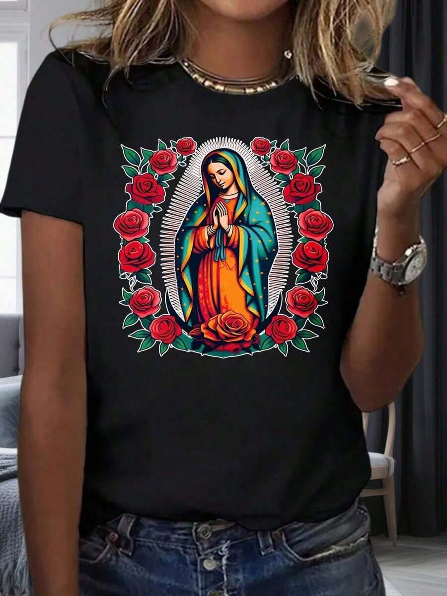 Camiseta de la Virgen María con Rosas, Camiseta con Gráfico de Ícono Religioso Católico para Mujer, Ropa de Fe y Espiritualidad, Blusa Blanca de Manga Corta, Ropa para Fiestas y Eventos, 220mg, 100% Algodónropa de calor mujer - Negro - Ver 1