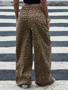 Jeans anchos y sueltos con estampado de leopardo, estilo casual y chic de la calle para uso diario - Marrón 4 - Ver 2