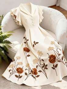 Vestido de manga acampanada de longitud media, de color albaricoque, con estampado floral, cuello de solapa, botones de perlas en la cintura, diseño de manga acampanada, encantador, elegante, dulce, para uso diario, vacaciones, viajes, citas, esti - Multicolor 2 - Ver 5