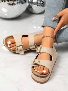 Adjustable Women's Woven Straw Pattern Sandals, Women's Double Strap Buckle Backstrap Open Toe Thick Bottom Casual Shoes, Platform Thick Bottom Sandals, Summer Holiday Style - Checkered Khaki - View 3