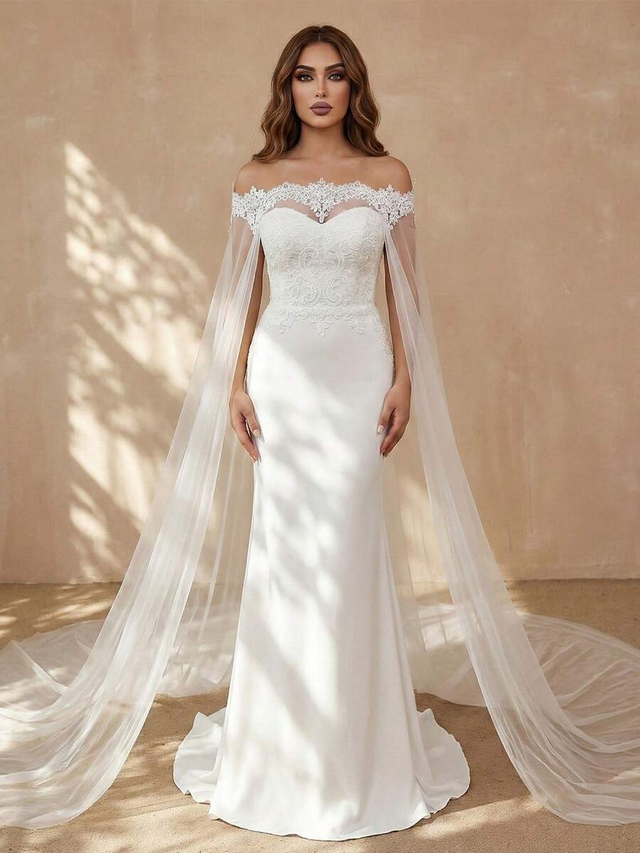 1pc Long Trailing Sheer Lace Bridal Cape, Suitable For Bride Wedding Shawl, Party Ceremony, Photography Prop - Multicolor - View 1
