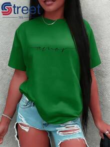 T-Shirt With Handwritten Text Print, Romantic Spanish Style For Lovers, Casual Women's T-Shirt, Women's Clothing, Summer Clothes, Simple And Modern Style, Lightweight Loose And Versatile Short-Sleeved T-Shirt - Unisex Vintage Urban Style Short-Sleeved Cotton T-Shirt With Round Neck - 綠色 - 查看 7