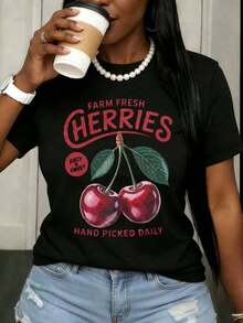 1 Piece Fashionable Casual Graphic T-Shirt For Men And Women With Fresh Farm Cherry Print, Juicy And Sweet, Hand-Picked, For Everyday Wear. Women's Summer Casual Fruit Print T-Shirt. Versatile, Easy To Match, Suitable For Daily Wear, Street Style, Vacations, And Weekends. - 黑色 - 查看 7