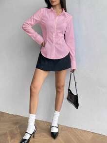 Camisa de manga larga con cuello y botones, de corte slim, de primavera/otoño para mujer, de moda minimalista, elegante y casual, esencial para deportes - Rosa Pálido - Ver 5