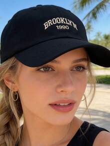 1 pieza Gorra de béisbol bordada Brooklyn para mujer, gorra casual unisex, protección solar para exteriores, ajustable, adecuada para viajes de primavera/otoño, vacaciones en la playa - Negro - Ver 7