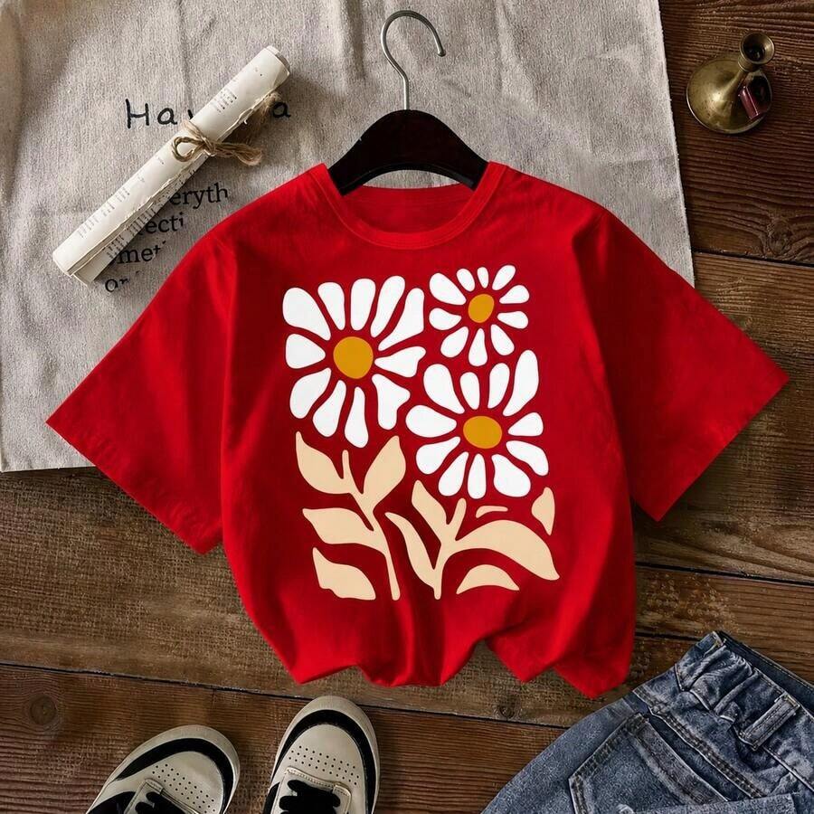 Camiseta con Estampado de Flores Vintage, Camiseta de Verano para Niñas, Camiseta de Manga Corta con Cuello Redondo, Suave, Elástica y Cómoda, Tops de Verano a la Moda - Rojo - Ver 1