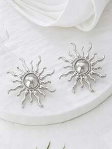 2PCS Women's Gold & Silver Sunflower Stud Earrings, Niche Vintage Y2K Style, Luxury Design, Suitable For Music Festivals, Daily Commute, Gifts, Beach Vacation Wear - Multicolor - View 4