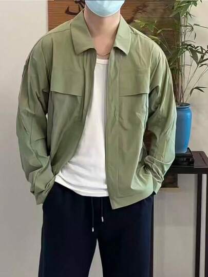  adidas 武極系列 休閒純色翻領拉鍊設計長袖夾克外套 男款 綠