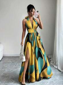 Nuevo vestido maxi de diseño elegante y sexy de estilo francés con cuello en V, halter, cintura expuesta, espalda descubierta, corte evasé y abertura, sin mangas, con estampado floral rojo y verde, de alta calidad y sofisticado para mujeres - Amarillo - Ver 2