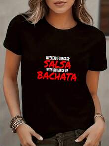 Camisetas estampadas de moda para mujer, tops de estilo urbano de talla grande, camisetas de verano cómodas y elegantes que combinan con todo. Camiseta blanca de manga corta con estampado de salsa y bachata, ropa casual para mujer, ideal para fiestas de fin de semana y clases de baile. - Negro - Ver 2