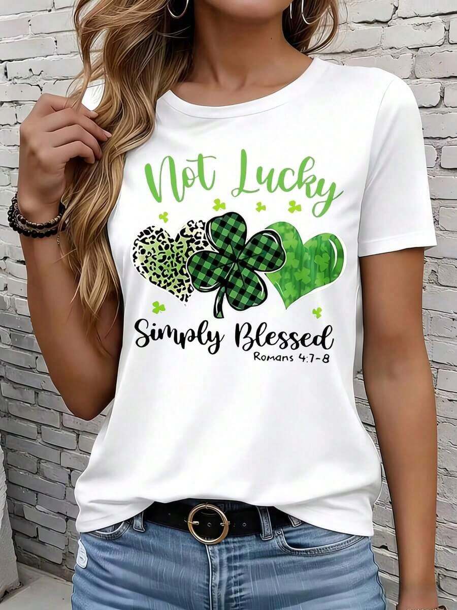 Camiseta suave 100% algodón, estilo casual para mujer, con diseño de trébol y corazones, ideal para el Día de San Patricio y la temporada de primavera. Regalo perfecto para amigos, familiares y seres queridos. 220g, camiseta de algodón transpirable, combina con todo. - Blanco - Ver 1