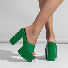 European And American Style Platform Waterproof Chunky Heel Sandals, Open Toe, Simple, Versatile High-Heeled Slippers For Commuting And Wearing Alone. - Green - View 4