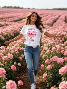 Camiseta de manga corta con corazón de rosa rosa para el Día de la Madre, estilo casual, perfecta como regalo para el Día de la Madre.Conjuntos de Verano para Mujer, Ropa de Vacaciones para Mujer, Camisetas Elegantes para el Verano - Blanco - Ver 5
