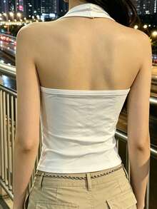 Women Halter Neck Tank Tops Sleeveless Solid Color Slim Fit Ribbed Summer Vest For Daily Vacation Beach - White - View 2
