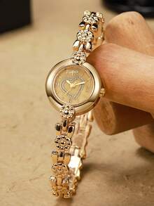 1pc/Set Heart Dial Gold Bracelet Watch, Women's Rhinestone Quartz Wristwatch - Gold - View 5