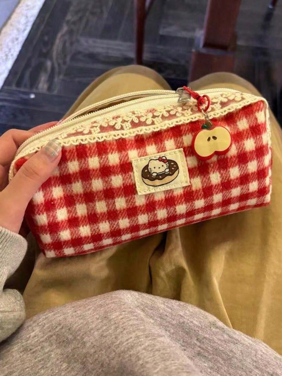1pc Red Plaid Cute Cat Pencil Case With Apple Pendant, Large Capacity Pencil Box. Back To School Gift, Perfect For Student Gift Exchange! Portable Design Pencil Case, Makeup Bag For Girls, Student Stationery - Multicolor - View 1