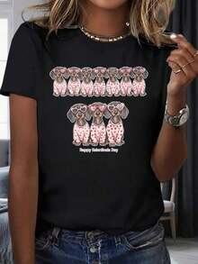 Women's Valentine's Day Dachshund Dog T-Shirt, Adorable Puppy Design With Heart And Glasses, Pink Pajamas, Valentine's Day Gift, Warm Clothing For Women - 黑色 - 查看 7