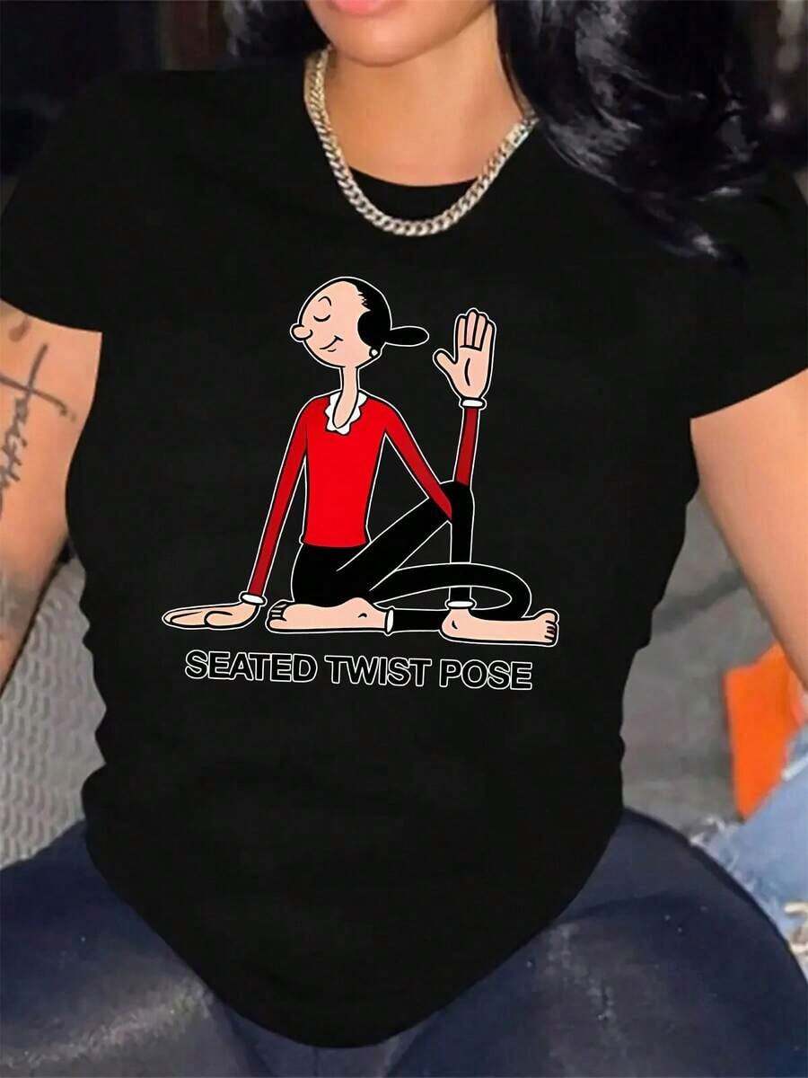 Camiseta casual de verano para mujer con estampado moderno de dibujos animados, letras fáciles y patrón de yoga fitness - Mangas cortas, cuello redondo, suave y cómoda, ideal para uso casual Blusas Bonito 100% Cotton - Negro - Ver 1