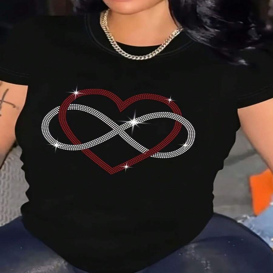Women's Chic Black Cotton T-Shirt with Sparkly Rhinestone Heart & Infinity Print Casual Short Sleeve Round Neck Tee - Negro - Ver 1