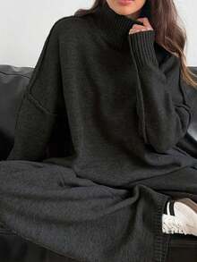 2 piezas Conjunto de suéter de manga larga de hombro caído con cuello alto sólido y pantalones anchos de punto para mujer, otoño/invierno - Gris Oscuro - Ver 3