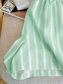 Conjunto de camisa de manga larga a rayas de un solo pecho y pantalones cortos versátiles de estilo vintage casual - verde menta 2 - Ver 3
