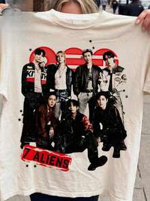 Vintage 7 Aliens B. Vintage T.S. New Song Arirang Tour 2026 T-Shirt. Women's Fashionable Casual T-Shirt With Creative Print, Short Sleeve, Round Neck, For Spring And Summer. Festive Celebration Shirt, Party Wear Top, Fashion Round Neck, 100% Cotton, Soft Fabric, Short Sleeve, Breathable And Cool - 白色 - 查看 1