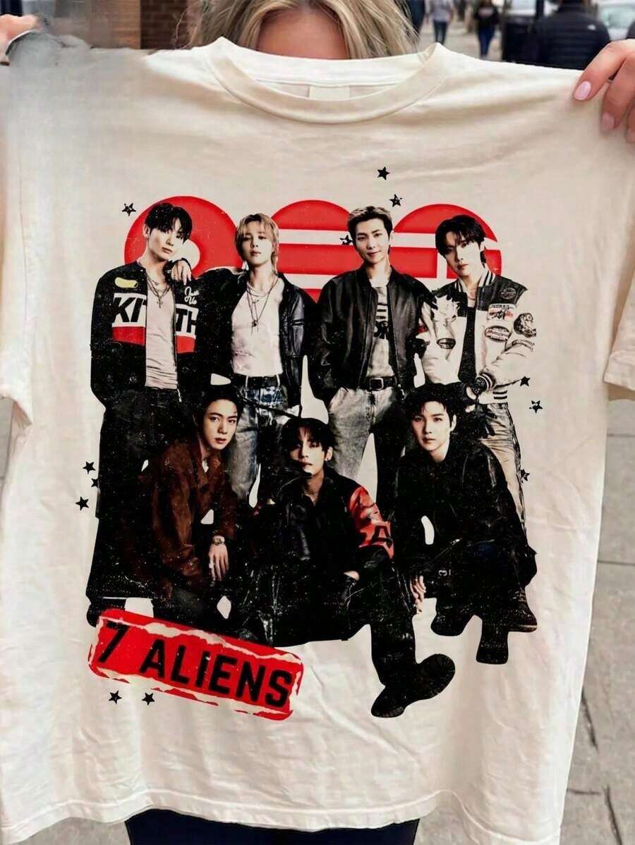Vintage 7 Aliens B. Vintage T.S. New Song Arirang Tour 2026 T-Shirt. Women's Fashionable Casual T-Shirt With Creative Print, Short Sleeve, Round Neck, For Spring And Summer. Festive Celebration Shirt, Party Wear Top, Fashion Round Neck, 100% Cotton, Soft Fabric, Short Sleeve, Breathable And Cool - 白色 - 查看 1