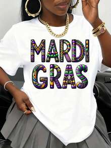 Camiseta de Celebración del Festival Gras para Mujer, con Estampado Gráfico Colorido, Camiseta Casual para Fiesta, Ropa para la Temporada del Carnaval - Blanco - Ver 7