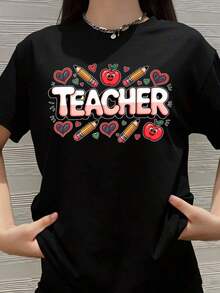 Camiseta para Maestras con Diseño de Lápices, Manzanas y Corazones, Regalo para el Día de la Maestra, Ropa de Agradecimiento para Maestras de Escuela - Negro - Ver 7