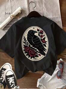 GiftCamiseta unisex de algodón holgada de manga corta con cuello redondo y estampado de doble cara para mujer, estilo vintage urbano, para uso casual de verano - Estampado floral vintage de cuervos.Soft - Negro - Ver 3