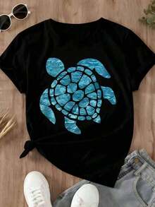 Camiseta de manga corta para mujer con estampado de tortuga marina, ropa casual de playa, conjunto de verano, camiseta de verano - Negro - Ver 2